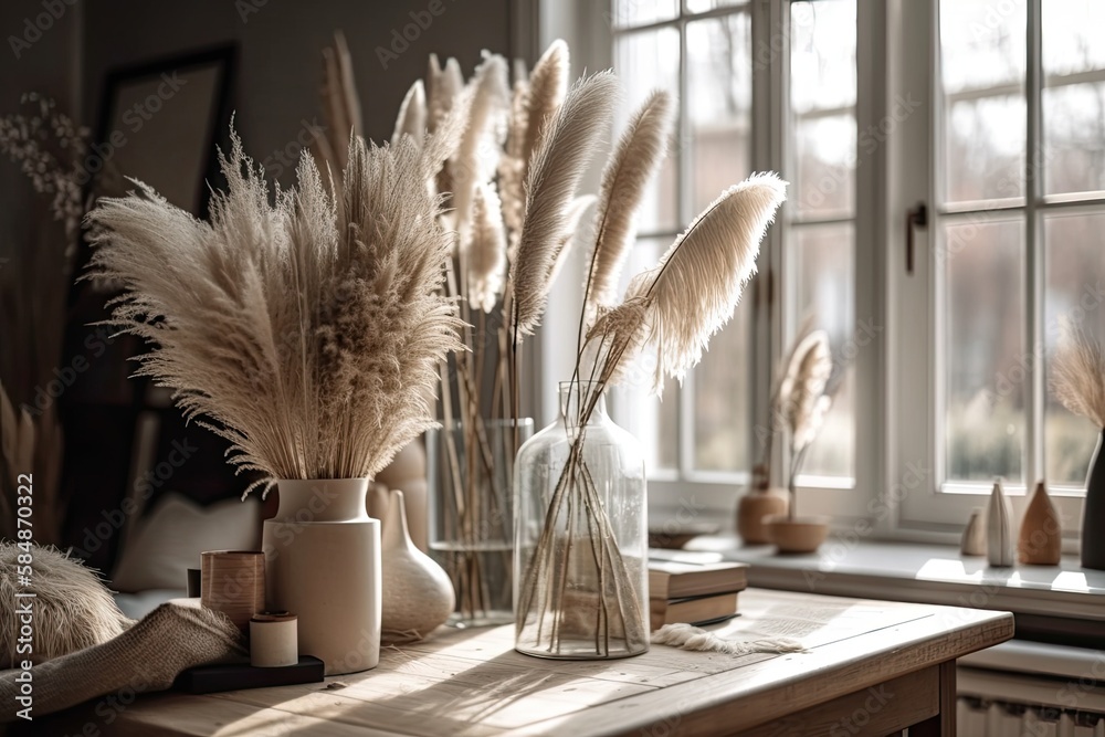 Fluffy reed plumes on white living room table. Generative AI - obrazy, fototapety, plakaty 