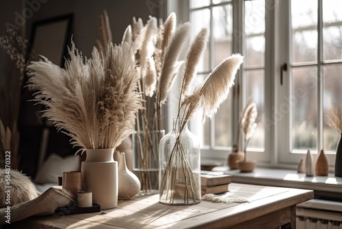 Fluffy reed plumes on white living room table. Generative AI
