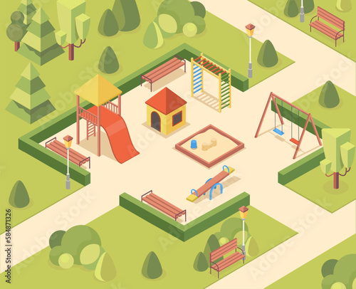 Isometric playground in park. Slide, wooden house and swing next to sandbox. City infrastructure with equipment for kids. Template, layout and mock up. Cartoon vector illustration