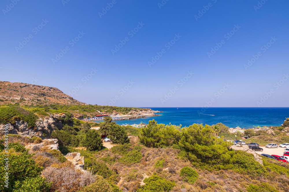 Beautiful coastline nature landscape view with beaches and hotels in Rhodes Island. Greece. Europe.