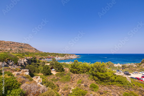 Beautiful coastline nature landscape view with beaches and hotels in Rhodes Island. Greece. Europe.