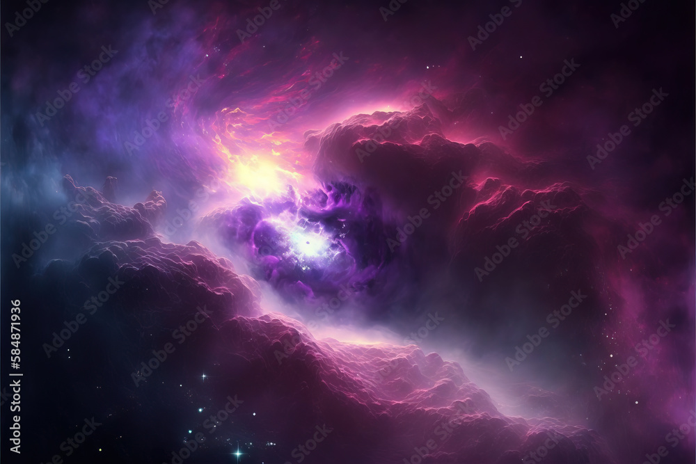 Purple, red and blue space with stars. Fantasy galaxy generative AI background