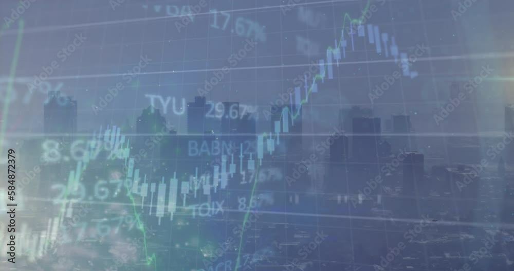 Animation of financial data processing over cityscape Animation of financial data processing over cityscape