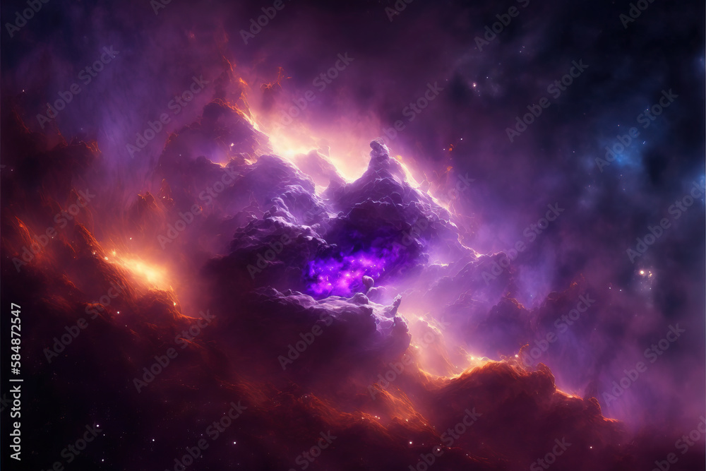 Fototapeta premium Purple and violet nebula with stars. Fantasy galaxy generative AI background