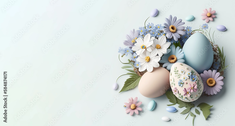 Creative Easter eggs composition with spring flowers with copy space. AI generated content