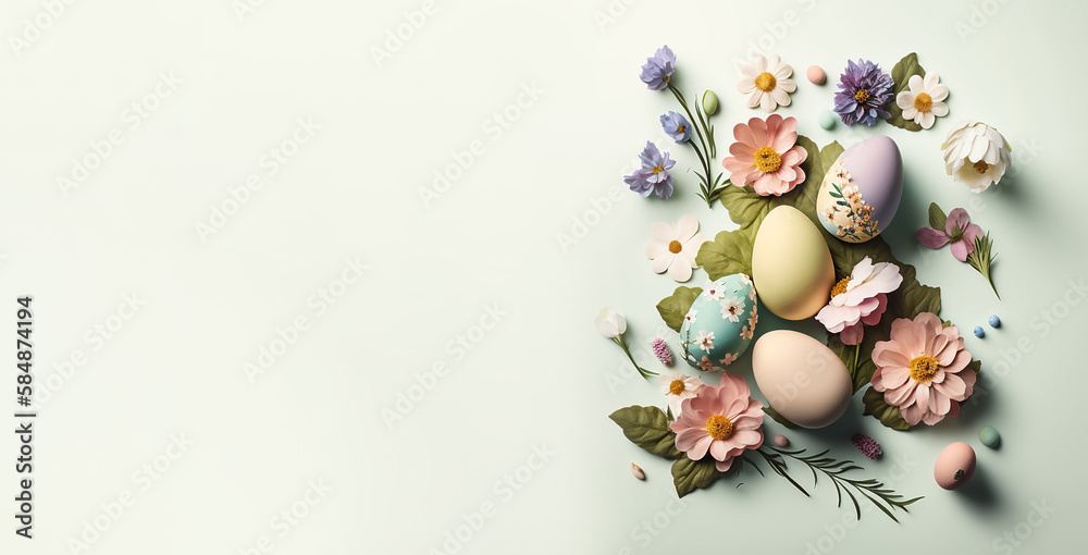 Creative Easter eggs composition with spring flowers with copy space. AI generated content Creative Easter eggs composition with spring flowers with copy space. AI generated content