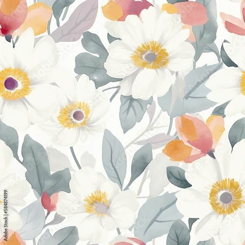 Seamless watercolor flower tile pattern illustration with Generative AI