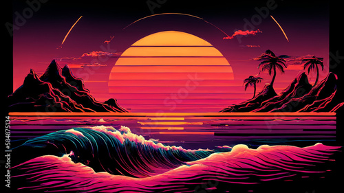 Synthwave sunset 80s retro beach landscape with arching wave