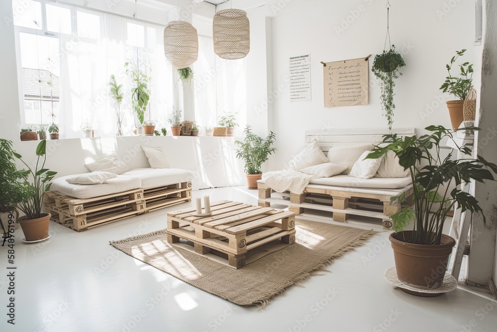 Fototapeta premium Pallet interior home—white and cheerful sunny room. Generative AI