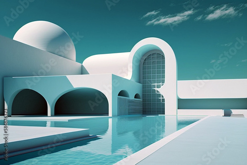 Beautiful swimming pool with contemporary architecture while sunny day. Generative AI illustration © ardanz