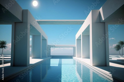 Beautiful swimming pool with contemporary architecture while sunny day. Generative AI illustration