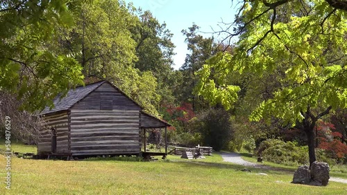 2022 - old one room settler pioneer frontier cabin in the Shenandoah Valley, Blue Ridge Parkway, Appalachian mountains, Virginia. photo