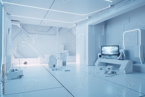 A Room With A Tv And A White Table And Chairs In It Bedroom Minimalism Smart Homes