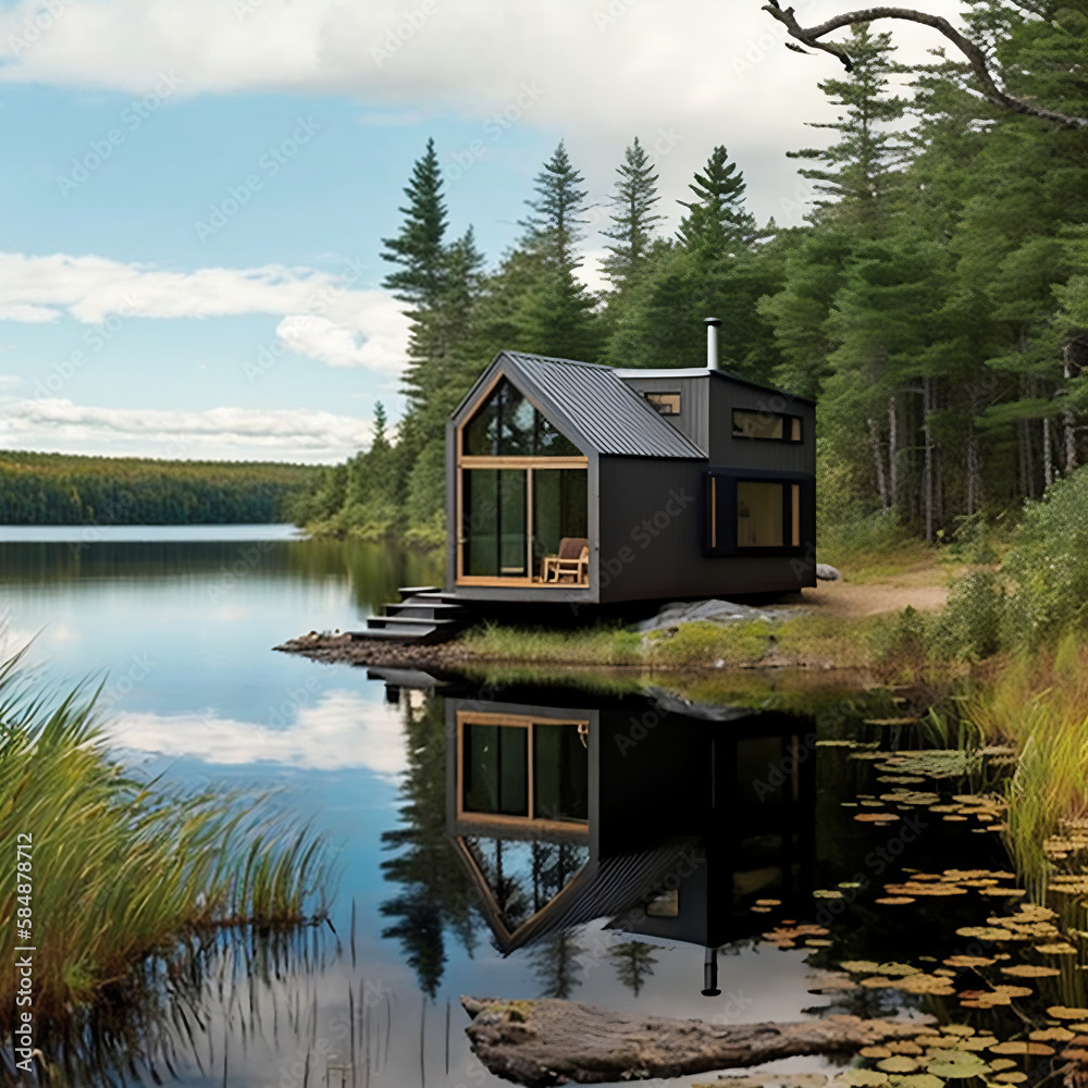 Obraz premium White Grey Black Seasonal Tiny Home Maine Lakehouse Cape Style A Frame Contemporary Modern Chic