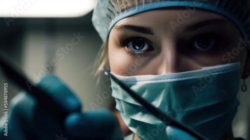 Focused and Determined: Close Up of Female Doctor in Surgery, GENERATIVE AI