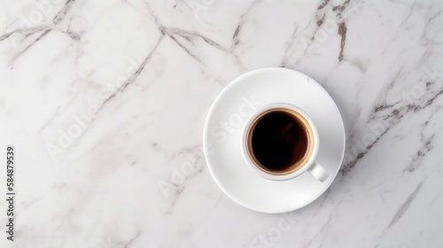 White cup of black espresso coffee on white textured marble background. Close-up shot, top view. Generative AI.