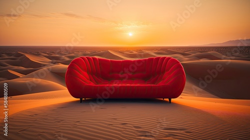 A sleek, modern red sofa situated on a sand dune in the desert, with the sun setting in the background, casting warm shadows. generative ai