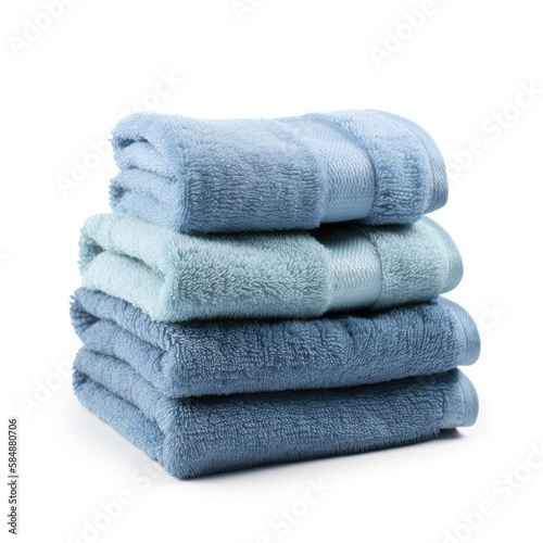 A stack of three neatly folded, colorful bath towels in varying shades of blue, isolated on a white, generative ai