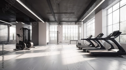Contemporary minimal spotless fitness gym center interior. generative ai © Creative Station