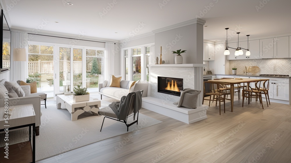 Open plan living room with white kitchen and a cozy patio with a white fireplace. generative ai Open plan living room with white kitchen and a cozy patio with a white fireplace. generative ai