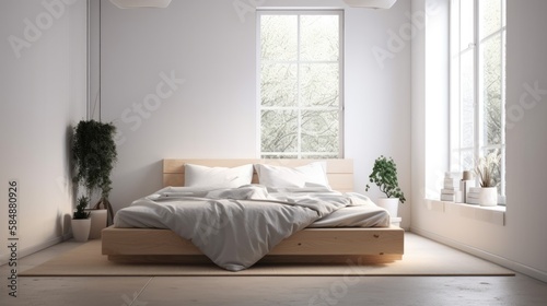 Modern minimal bed room with a window and flowers, generative ai © Creative Station