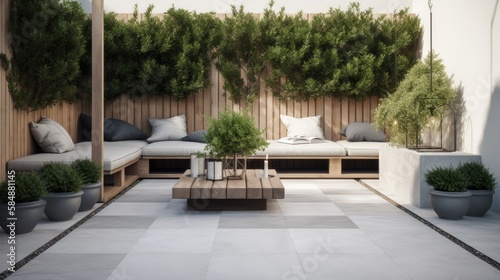 The exterior of a modern back garden patio area, minimalistic, generative ai