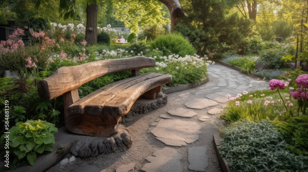 A charming wooden garden bench surrounded by blooming flowers in a tranquil park setting, with a stone pathway winding through. generative ai