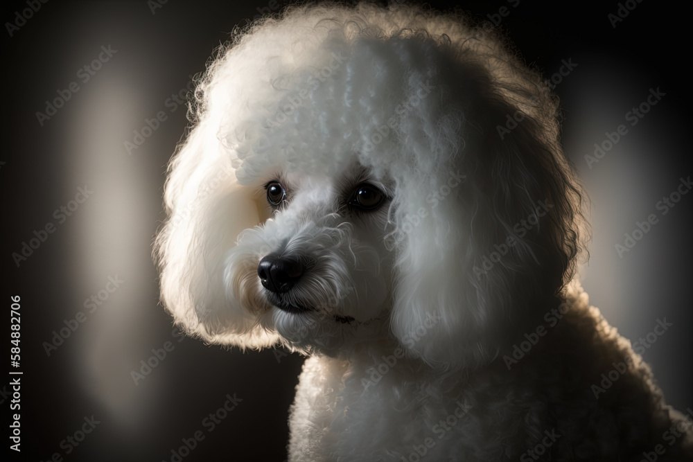 Generative AI. Portrait of a Bichon Frise dog in close-up on a dark background.