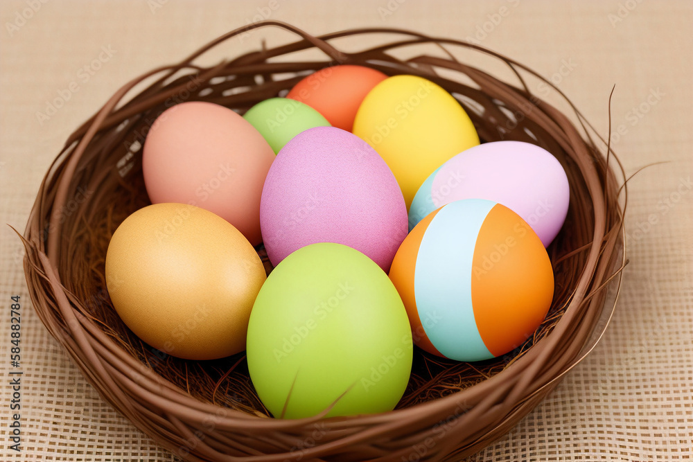 Beautiful colorful bright Easter eggs in the nest, close-up. Painted eggs. Religious holiday, wallpaper, background. Generative AI Beautiful colorful bright Easter eggs in the nest, close-up. Painted eggs. Religious holiday, wallpaper, background. Generative AI