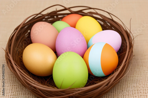 Beautiful colorful bright Easter eggs in the nest, close-up. Painted eggs. Religious holiday, wallpaper, background. Generative AI