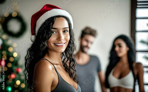 young adult woman with friends woman and man couple at christmas at home, smiling. Generative AI
