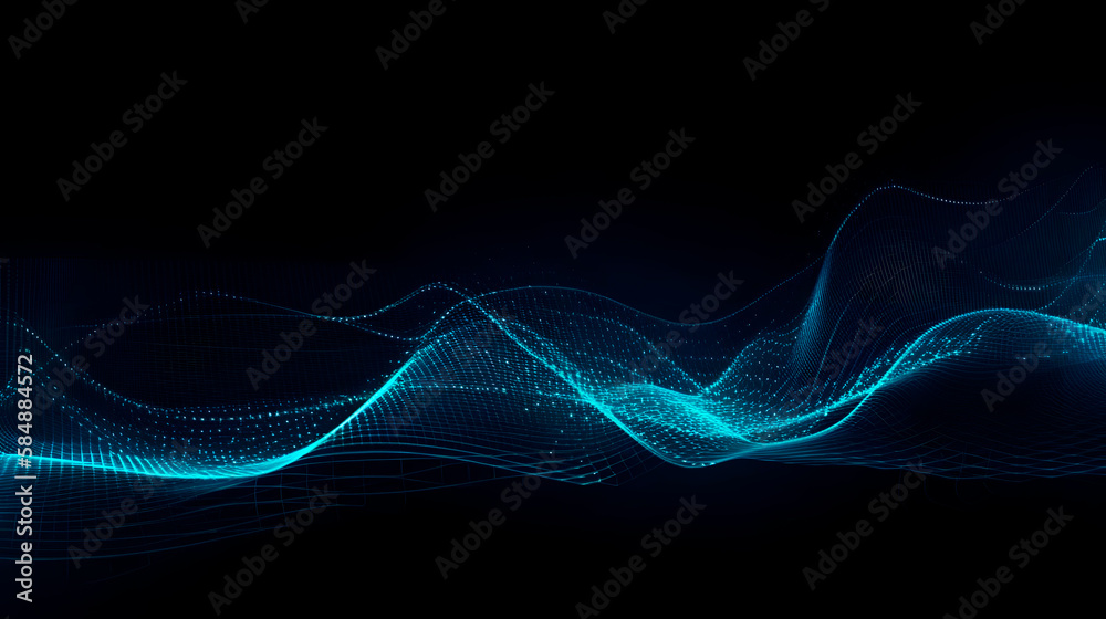 Abstract digital technology background with flowing waves and data ...