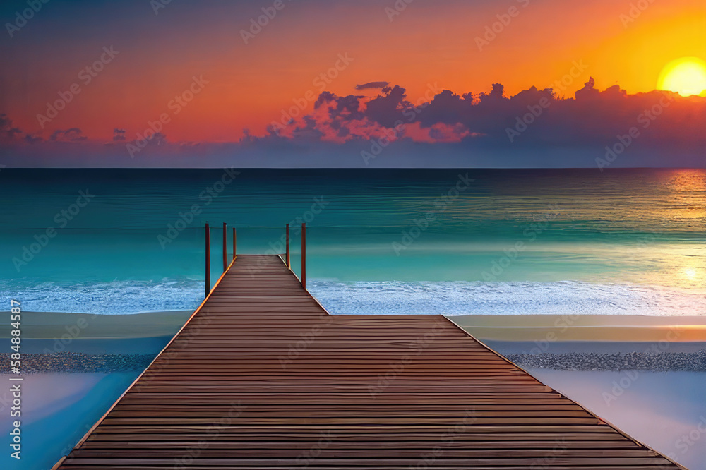 A wooden jetty stretching out across the beach under a moody and atmospheric sky at sunset. Generative AI