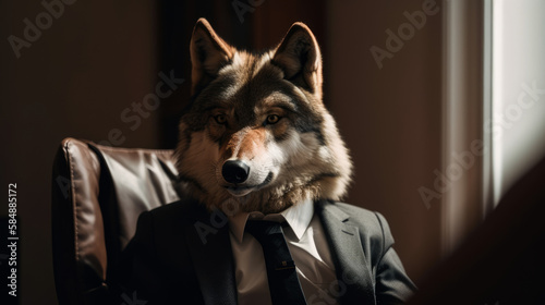portrait of a wolf in a business suit at his office, generative ai
