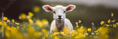 a lamb between spring flowers on a meadow, generative ai