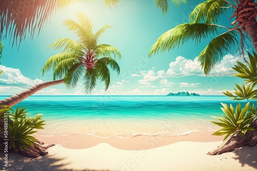 Tropical exotic beach with palm tree. AI generated © top images