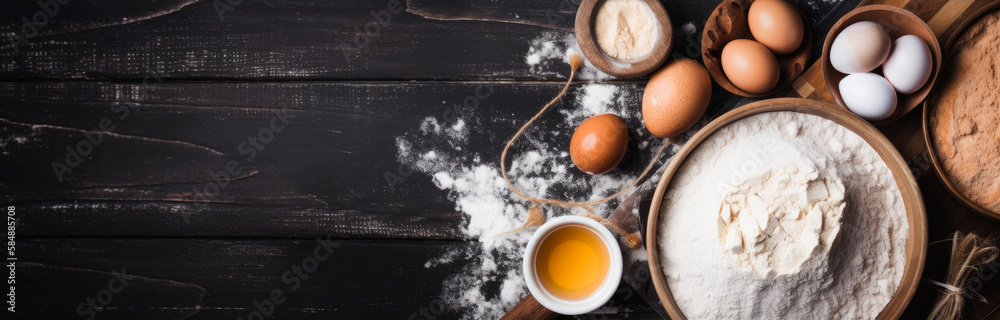 several baking items like flour, eggs and milk on wooden background, viewed from above, generative ai several baking items like flour, eggs and milk on wooden background, viewed from above, generative ai