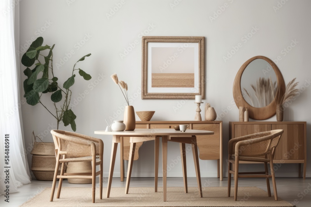 Fototapeta premium Mockup frame in house interior background, beige room with natural wooden furniture, Scandinavian style,. Generative AI