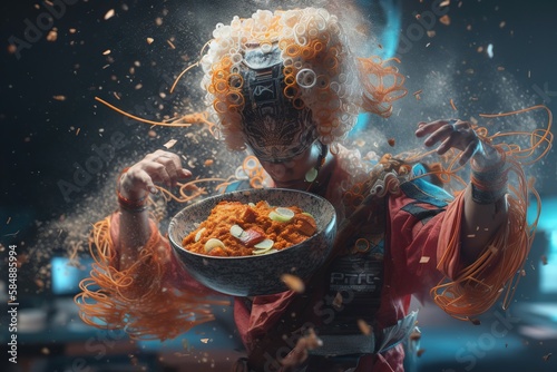 A Man With A Weird Haircu
t Holding A Bowl Of Food Kitchen Video Art Motion Graphics Generative AI  photo