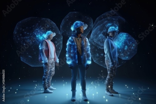 Three People Standing In Front Of A Blue Background With Glowing Bubbles Lunar Landscape Video Art Wearable Technologygenerative ai generative Ai, generative, AI,  photo