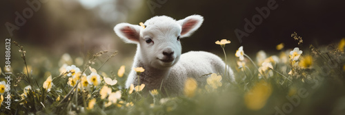 a lamb between spring flowers on a meadow, generative ai © fotogestoeber