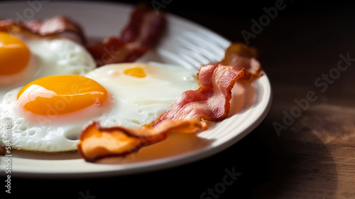 delicious fried eggs with bacon on a plate, generative ai