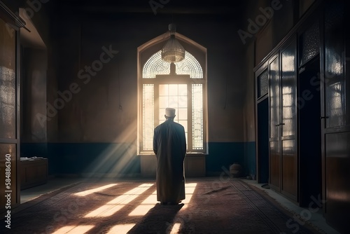 Muslim man standing in prayer at mosque Generative AI