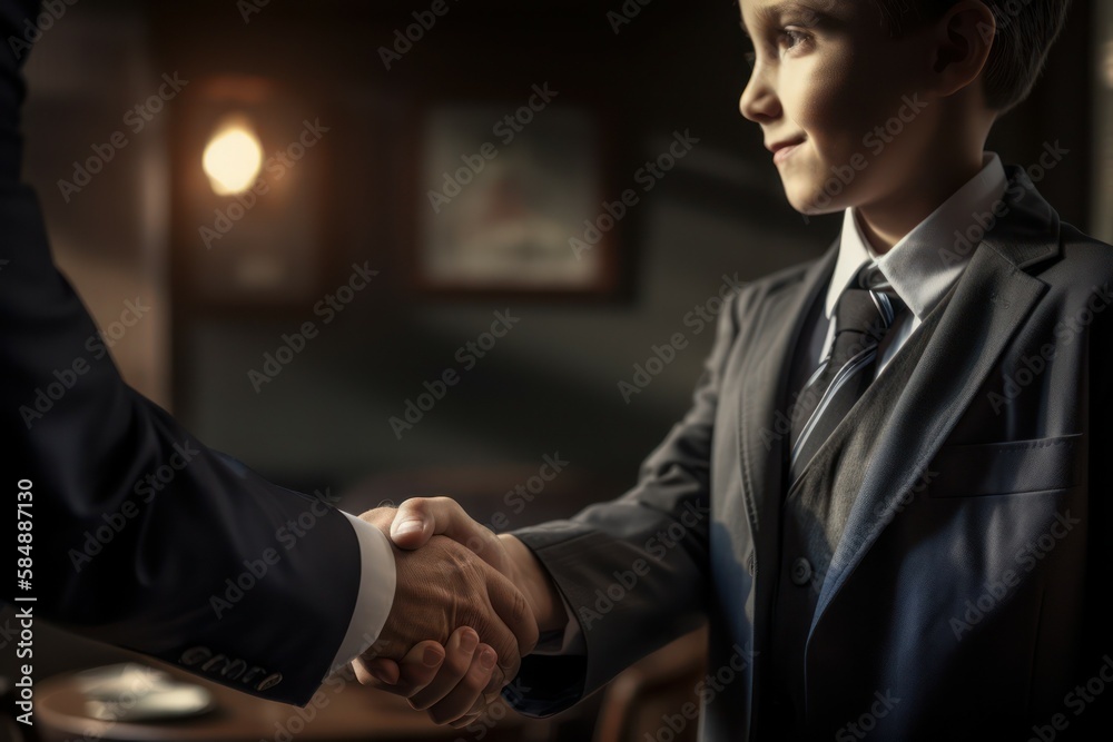 Adult man and child businessman shake hands. Handshake deal symbol. Business concept. AI generated, human enhanced