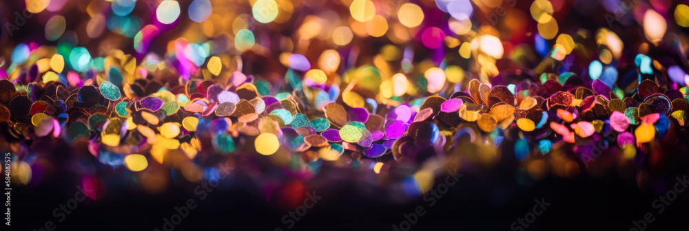 abstract colorful widescreen glitter background with bokeh effect, generative ai
