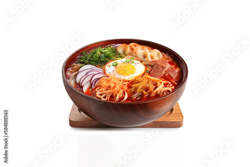 Korean instant noodle with tteokbokki and sunny side up in korean spicy isolated on white background. Created with Generative AI Technology photo