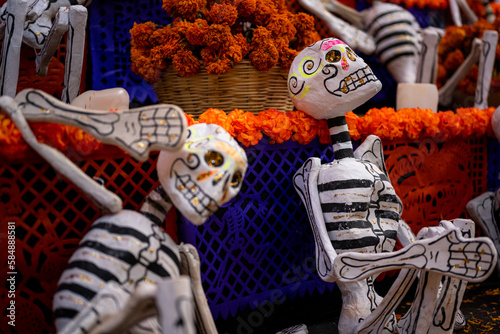 Photography Handmade Papier-Mache skeleton on day of the dead altar in oaxaca