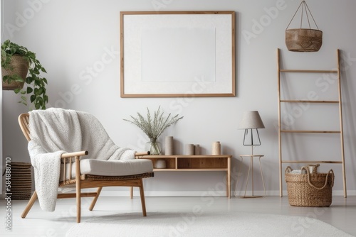 Sitting area with white mock up frame, wooden shelf, vintage chair, gray macrame, lavender, flowers, rattan basket, and stylish accessories. Decoration. Template. Generative AI © AkuAku