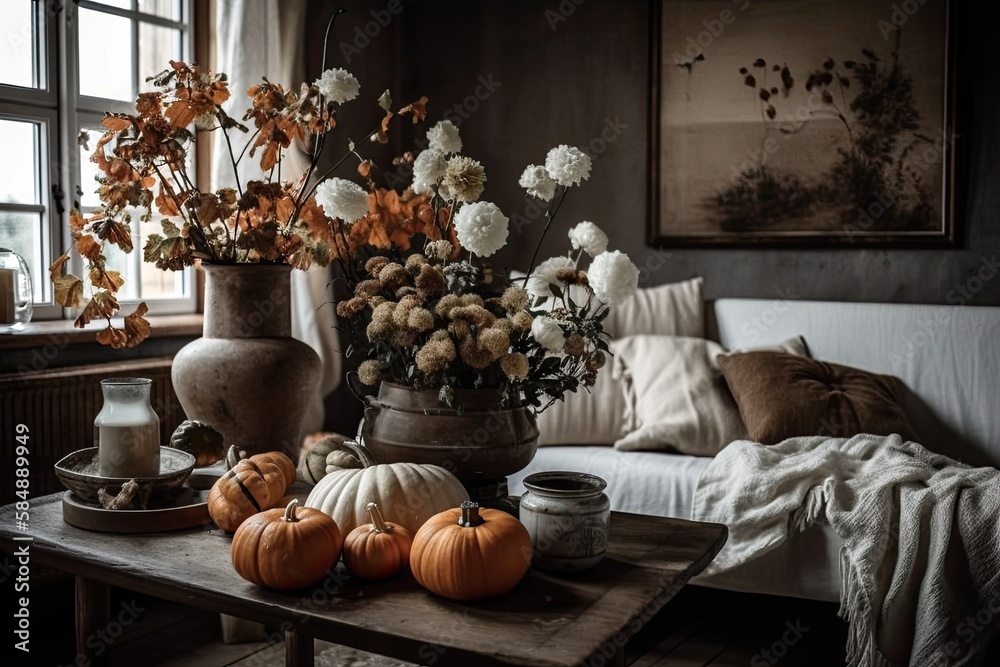 Fall decor. Nordic interior. Fall foliage and flower arrangement. Linen covered sofa. White pumpkins, wooden side table, coffee. Generative AI