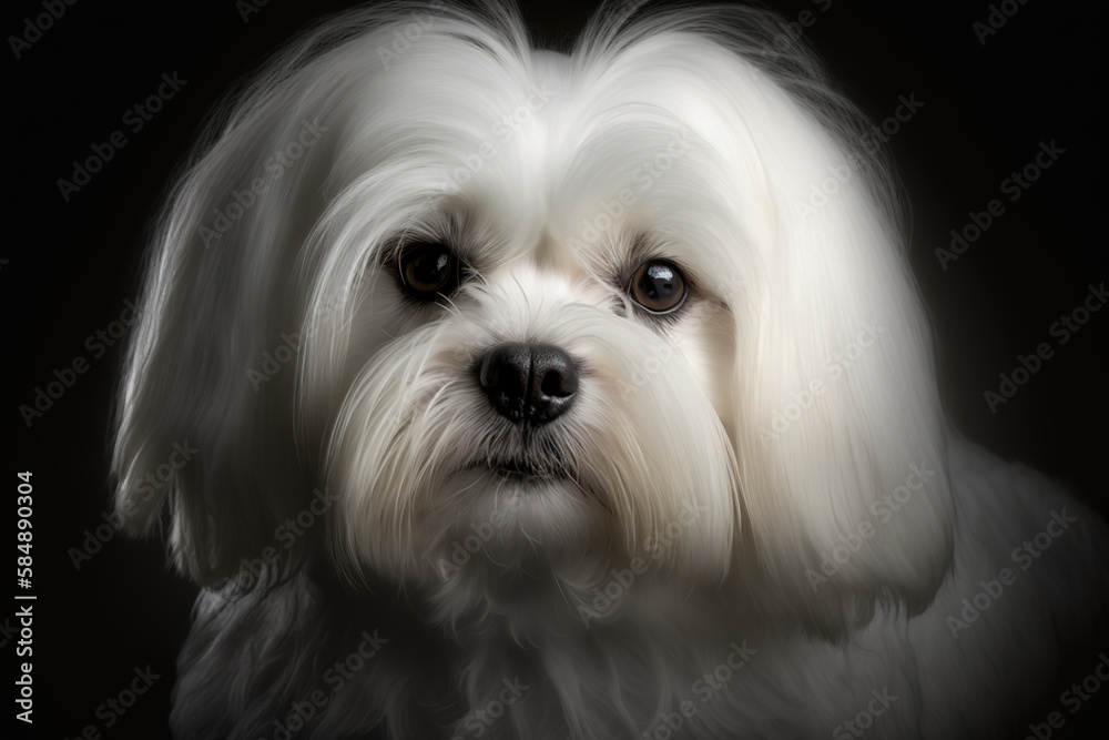 Generative AI. Portrait of a Maltese dog in close-up on a dark background. Generative AI. Portrait of a Maltese dog in close-up on a dark background.